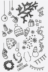 Set of sketchy doodle winter elements