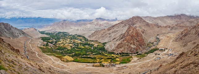 Panorama of Indus valley in Himalayas. Ladakh, India