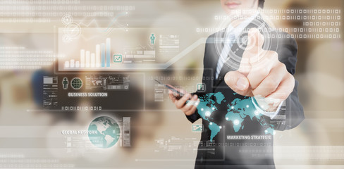 businessman working on 3D bar chart business strategy concept