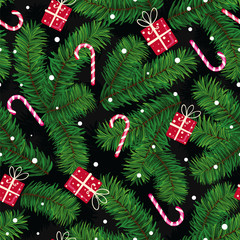 Christmas pattern made of fir branches, gifts and candies
