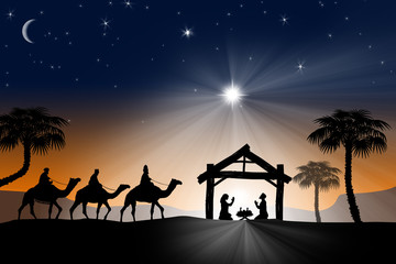Traditional Christian Christmas Nativity scene with the three wisdom man, sage, kings