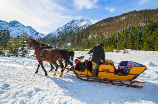 Fototapeta Horse sleigh to Morskie Oko lake in winter, Tatra Mountains