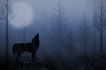 Lone Wolf in a Dark Forest Under the Full Moon