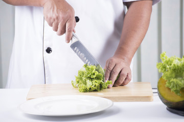 Chef's hands cutting lettuce