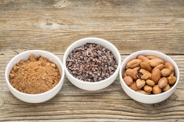 cacao beans, nibs and powder