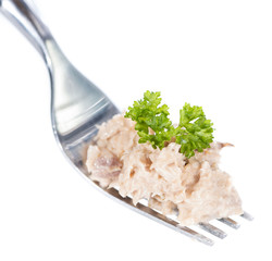 Tuna Salad on a fork (isolated on white)