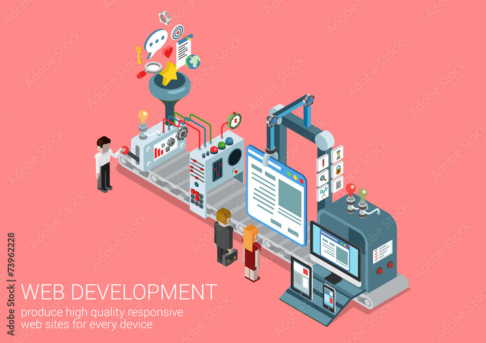 Wall mural website creation, web development process flat 3d concept