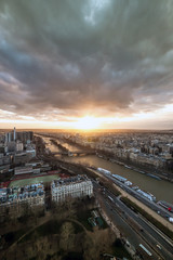 Aerial view of Seine River, high above Paris during sunset, from