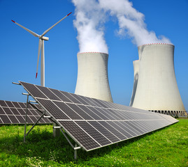 Solar energy panels, wind turbine and nuclear power plant