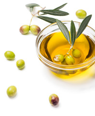Olive oil and fresh olives.