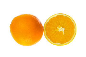 One whole orange and one half on white background