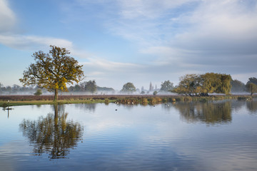 Beautiful crisp Autumn morning landscape over lake