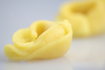 Two tortellini on bright background.