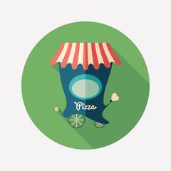 Retro pizza shop flat round icon with long shadows.