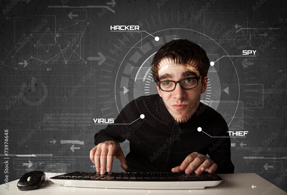 Poster young hacker in futuristic enviroment hacking personal informati