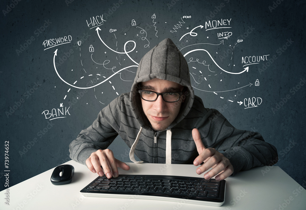 Poster young hacker with white drawn line thoughts