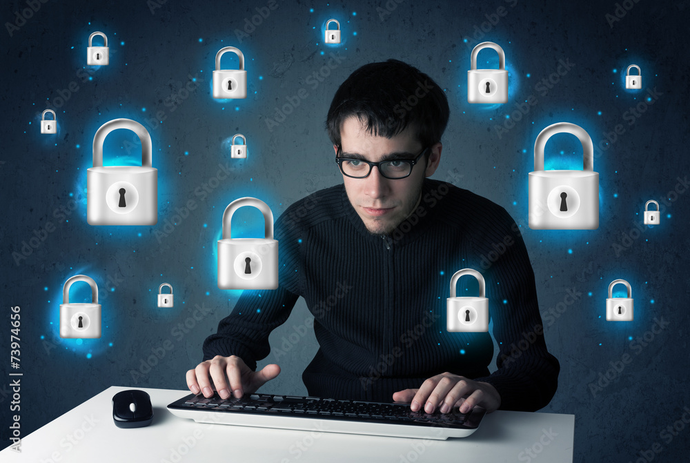 Poster young hacker with virtual lock symbols and icons