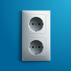 Realistic electric white double socket on blue wall background