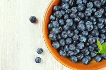 fresh blueberries in a bowl on wooden surface