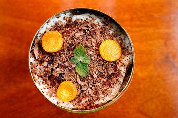 tiramisu in cup, with physalis