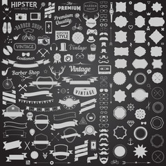 set of vintage styled design hipster icons. Vector signs symbols templates bicycle, phone, gadgets, sunglasses, mustache, anchor, ribbons 