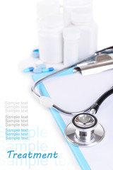 Stethoscope and other things on light background