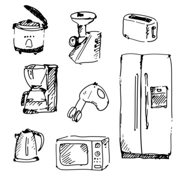 Home appliances in vector. Vintage illustration.
