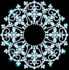 shiny snowflake made of precious stones on black background