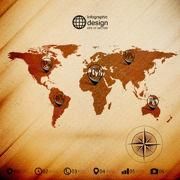 World map, wooden design background, infographics vector