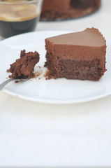 Chocolate cake with chocolate mousse, selective focus