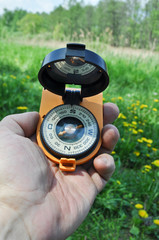 Naklejka premium Compass in hand, against the background of blooming meadows.