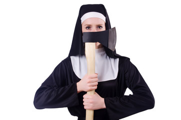 Nun with axe isolated on white