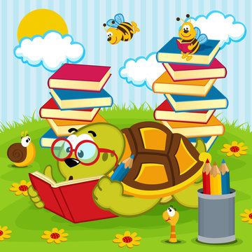 Turtle Reading Book - Vector Illustration, Eps