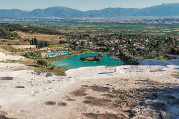 Fototapeta na wymiar Landscape with lake surrounded of travertine, Pamukkale, Turkey