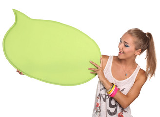 Young woman with blank board banner, isolated on white