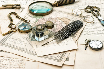 old letters and maps, vintage ink pen, antique accessories