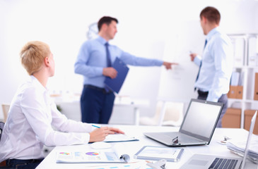 Obraz premium Business people sitting and discussing at business meeting, in