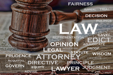 A wooden judge's gavel and words that describe law.
