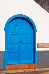 Blue door of Canarian hhurch, Valle Gran Rey, La Gomera island