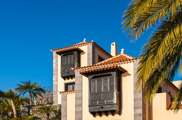 Hotel building and palm tree, Valle Gran Rey, La Gomera island