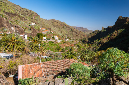 Mountain village in tropical landscape, La Gomera island, Spain