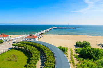 View of beach and pier on Baltic Sea in Sopot town, Poland - obrazy, fototapety, plakaty