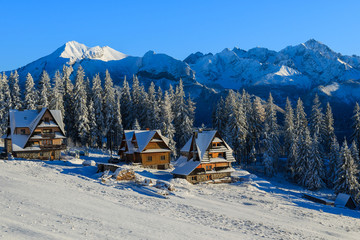 Houses in Bukowina Tatrzanska in winter, Tatra Mountains, Poland
