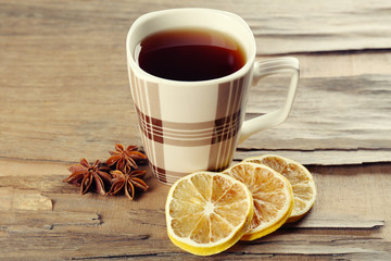 Cup of tea on table close-up