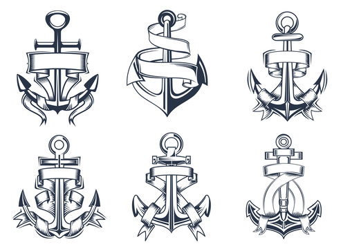 Marine themed ships anchor icons with ribbons