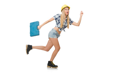 female construction worker isolated on white