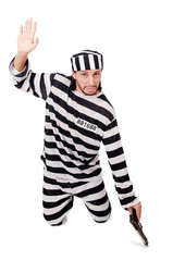 Prison inmate with gun isolated on white
