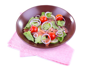 Appetizing fish salad with vegetables on plate isolated on