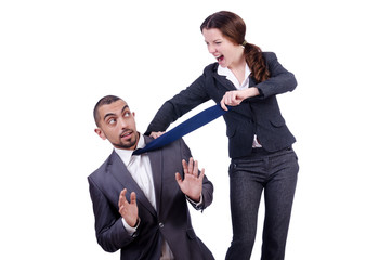 Office conflict between man and woman isolated on white