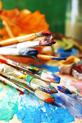 Fototapeta premium Beautiful still life with professional art materials, close up